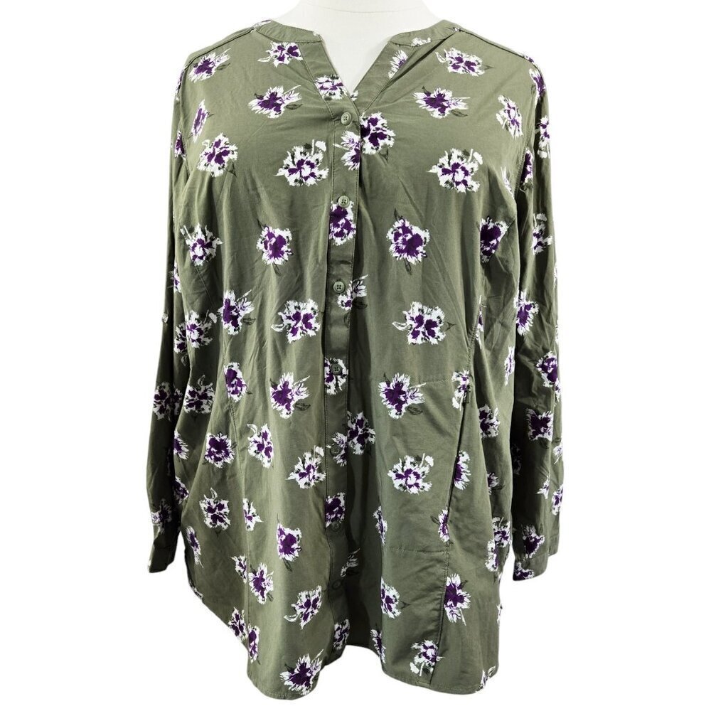 Duluth Olive Green Floral Split Neck Vented Nylon Button-Up Shirt Breathable